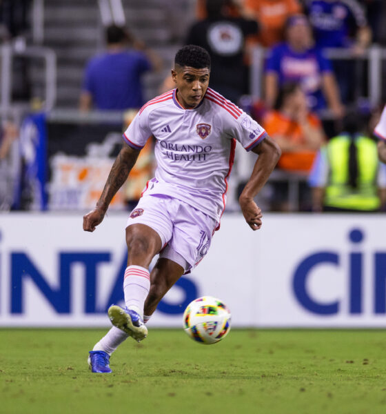 Image of Wilder Cartagena booting the ball against FC Cincinnati.