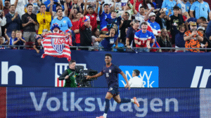 Image of Alex Freeman celebrating his first goal against Uruguay in the USMNT's 5-1 win in Tampa.