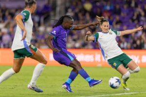 Image of Barbra Banda firing a shot against the Denver Summit.