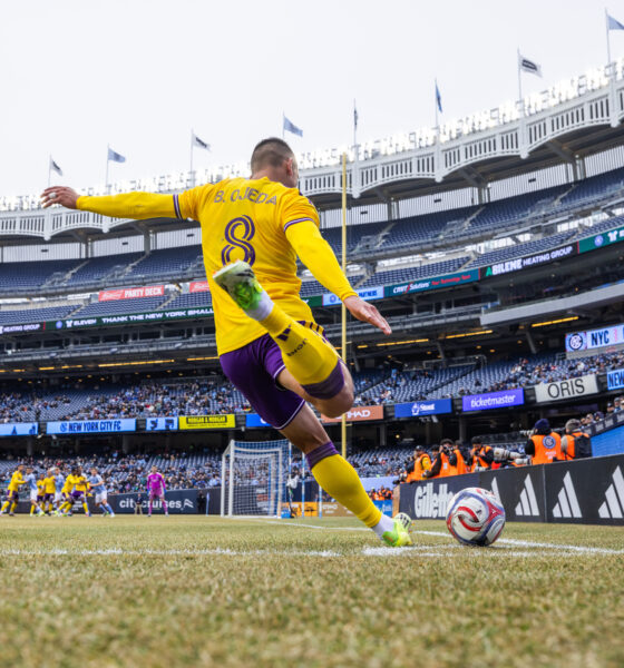 Image of Braian Ojeda taking a corner at Yankee Stadium against New York City FC
