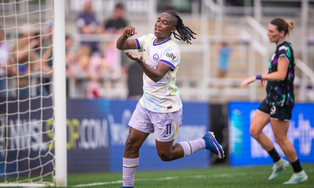Image of Barbra Banda celebrating a goal against Louisville.