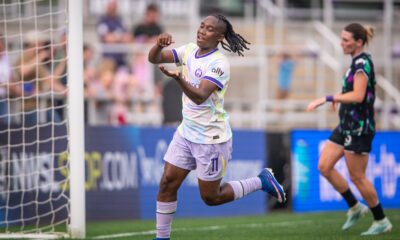 Image of Barbra Banda celebrating a goal against Louisville.
