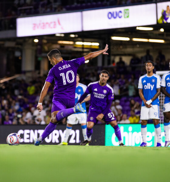 Image of Martin Ojeda taking a free kick against Charlotte.
