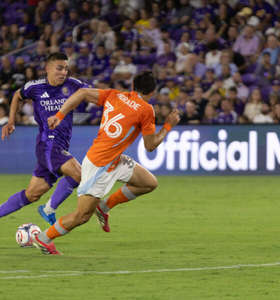 Image of Braian Ojeda trying to dribble past a Houston defender.