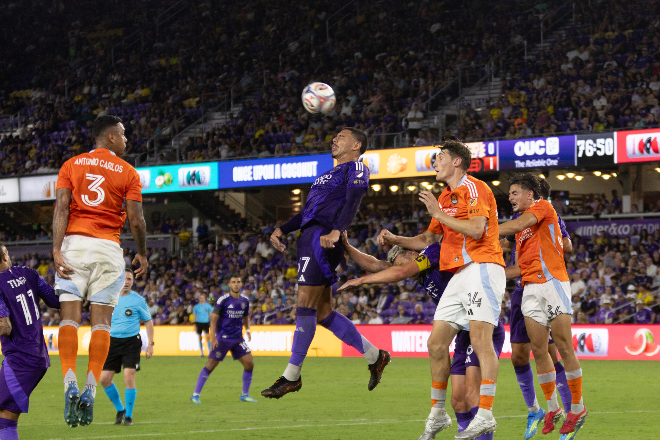 Image of Iago heading the ball against Houston.