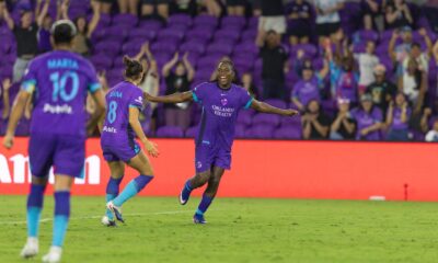 Image of Barbra Banda celebrating her winning goal against the Courage.