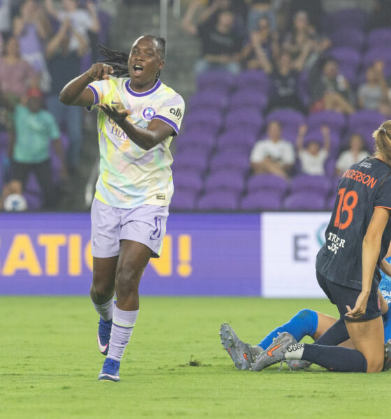 Image of Barbra Banda celebrating her goal against Bay FC.