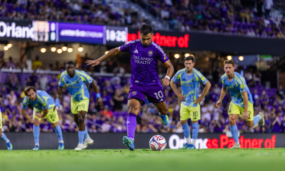 Image of Martin Ojeda attempting a penalty kick against Philadelphia.