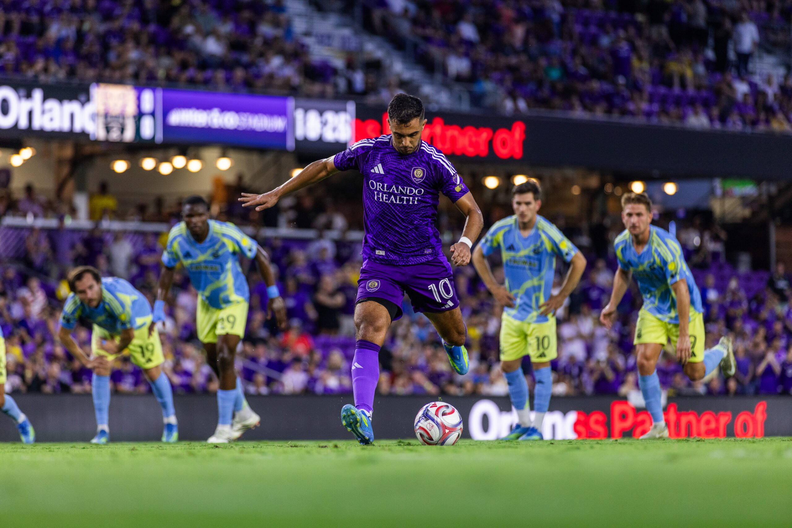 Image of Martin Ojeda attempting a penalty kick against Philadelphia.