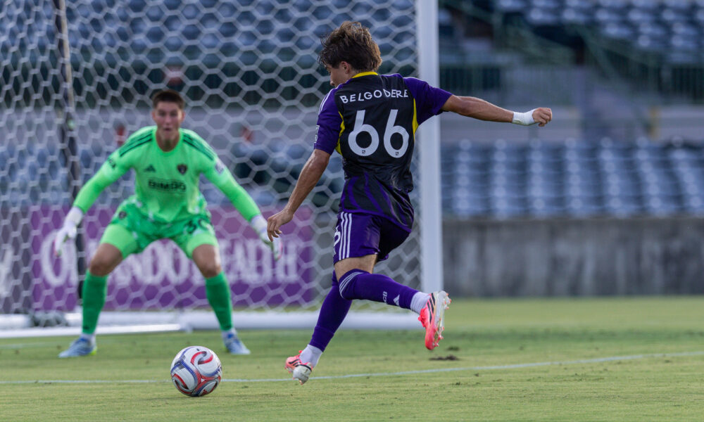 Image of Matthew Belgodere of OCB firing a shot against Philadelphia Union II.
