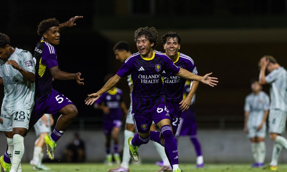 Image of Matthew Belgodere celebrating his game-winning goal against Carolina Core FC.