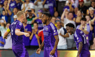 Image of Robin Jansson, Tyrese Spicer, and Ivan Angulo celebrating Spicer's goal against Nashville.