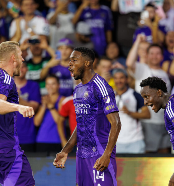 Image of Robin Jansson, Tyrese Spicer, and Ivan Angulo celebrating Spicer's goal against Nashville.