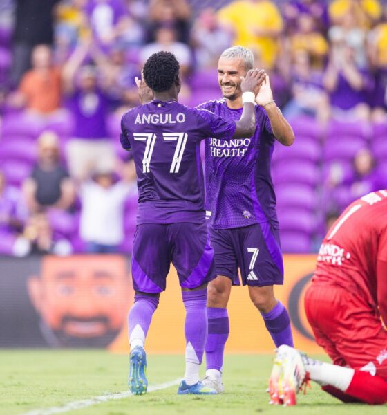 Image of Antoine Griezmann and Ivan Angulo celebrating a goal in a friendly against the Tampa Bay Rowdies.