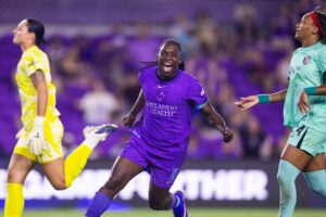 Image of Barbra Banda celebrating a goal against Kansas City.