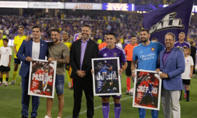 Image of Marco Pasalic, Maxime Crepeau, and Braian Ojeda being honored before a game vs. Nashville for their participation in the 2026 FIFA World Cup.
