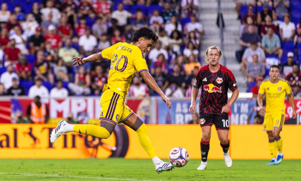 Image of Eduard Atuesta releasing a shot against the Red Bulls.