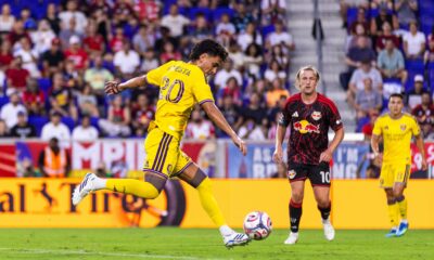 Image of Eduard Atuesta releasing a shot against the Red Bulls.