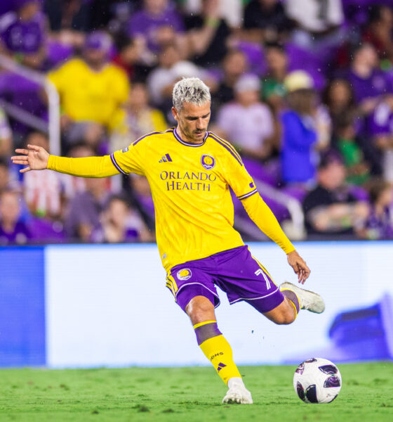 Image of Antoine Griezmann taking a set piece against Monterrey in Leagues Cup action.