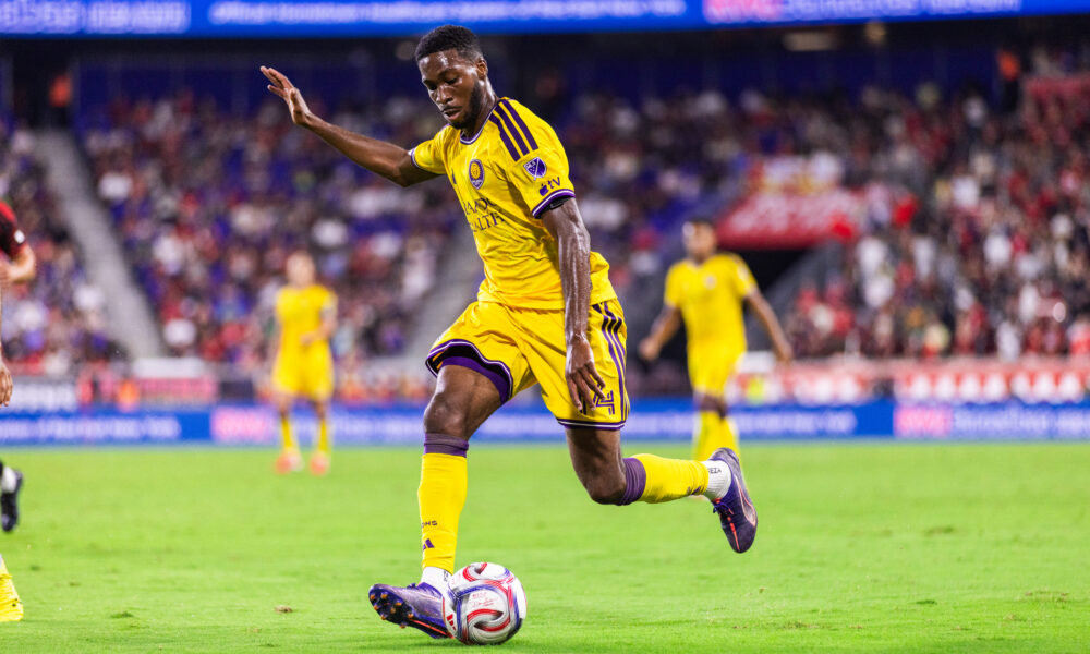 Image of Tyrese Spicer looking to cross the ball against New York.