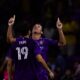 Image of Harvey Sarajian celebrating his goal with Zakaria Taifi.