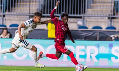 Image of Ivan Angulo dribbling down the left against Philadelphia.