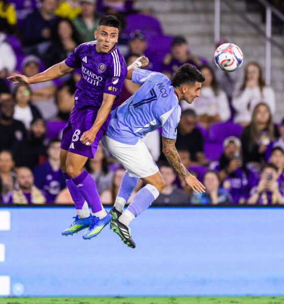 Image of Braian Ojeda leaping for an aerial ball against New York City FC